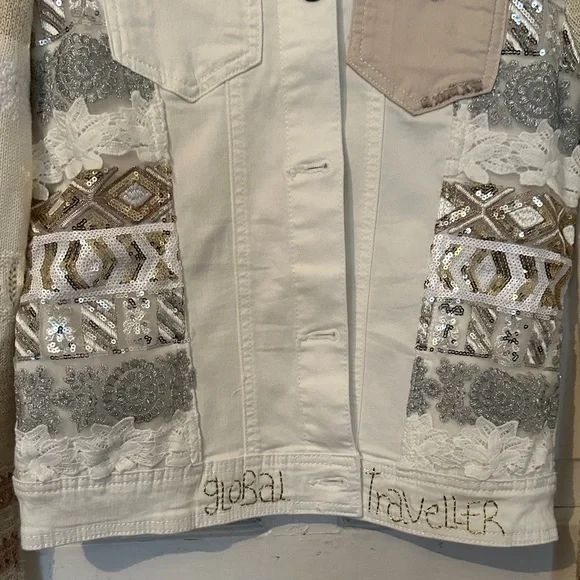 Desigual Women's Artistic Patchwork Jean Jacket - Cream and Gray - Picture 3 of 13